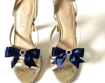Girls Ladies Navy Blue et Diamanté Satin Bow Shoe Clips