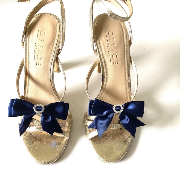 Girls Ladies Navy Blue et Diamanté Satin Bow Shoe Clips