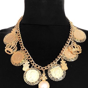 Vintage Gold Coin and Charm Statement Necklace