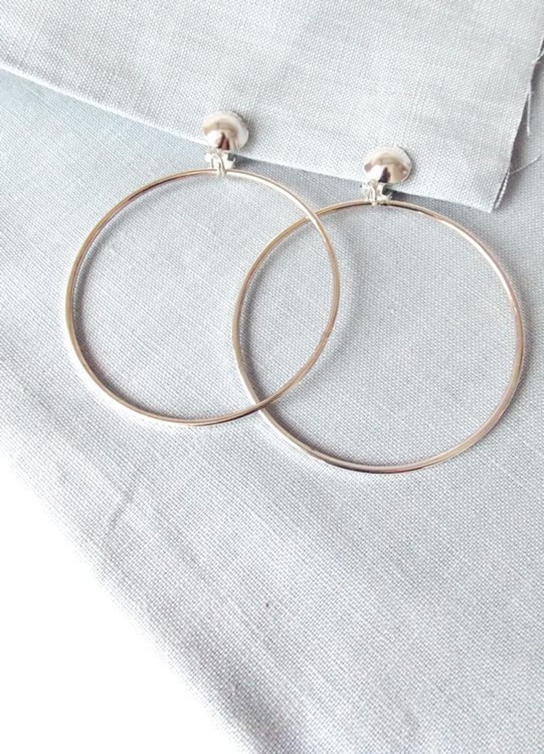 CLIP ON Silver Handmade Large Hoop Earrings