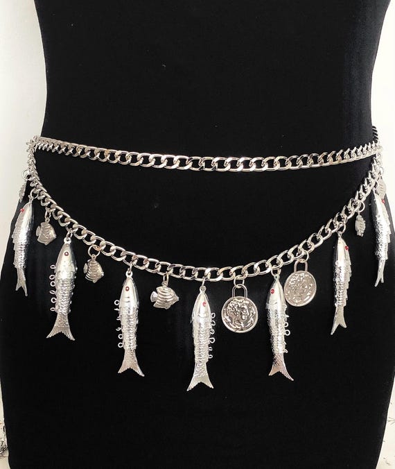 Silver Vintage Fish Pendant and Charm Chain Belt - Etsy display picture 1