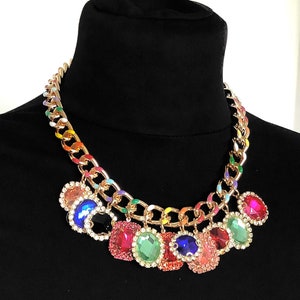 Rainbow Jewelled  Charm Chunky Chain Statement Necklace