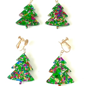 Mini Green Sparkly Christmas Tree Earrings Clip On and Pierced