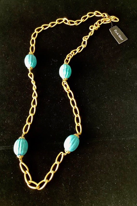 Vintage 80’s Gold and Turquoise Frank Usher Chain… - image 3
