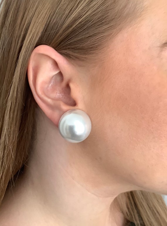 Clip on Large Faux Pearl Dome Stud Handmade Earrings