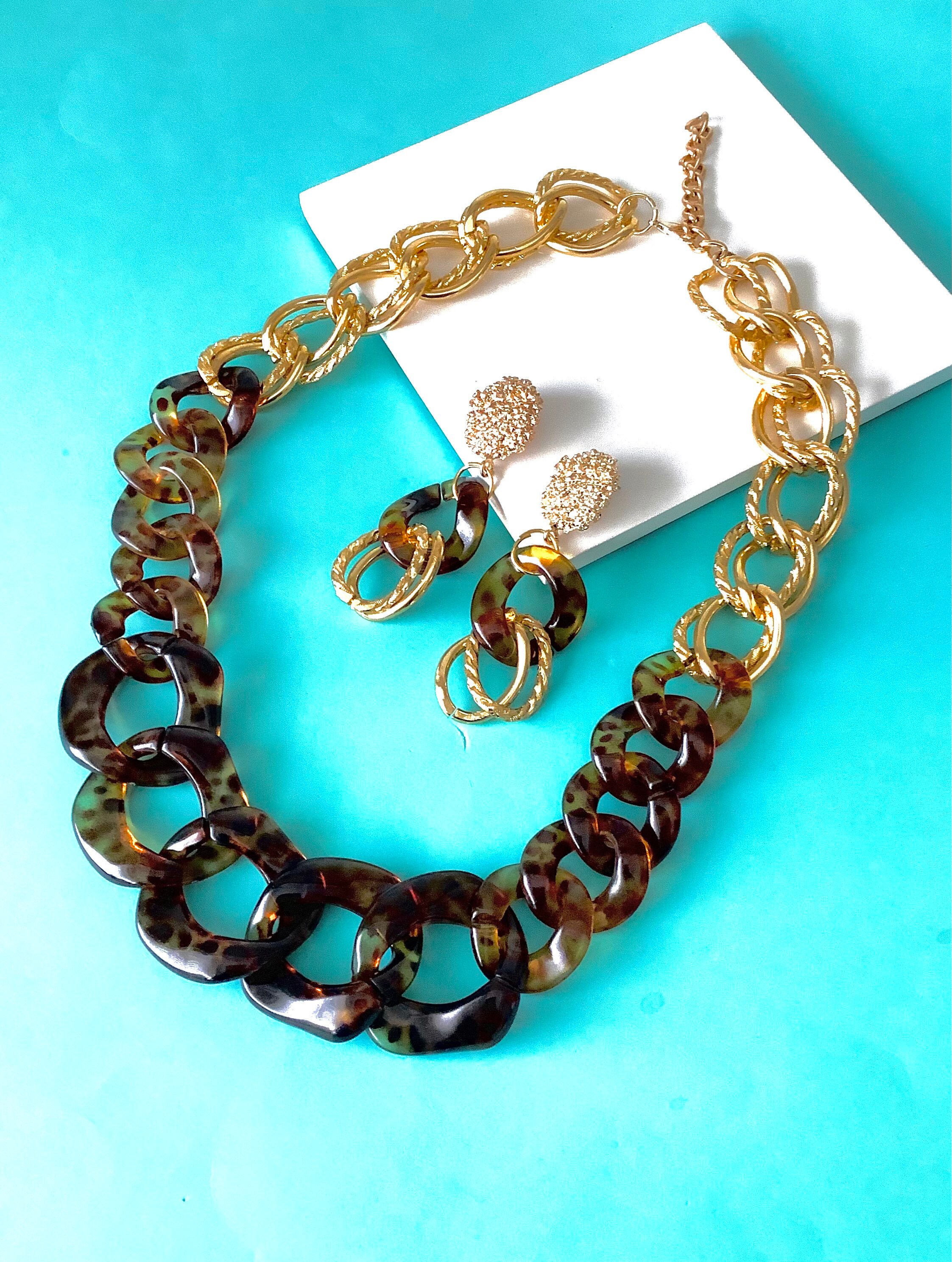 Brown Tortoise Shell and Gold Chunky Chain Necklace and Earrings