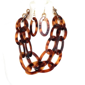 Chunky Tortoise Shell and Gold Chunky Oval Link Statement Necklace and Earrings Set