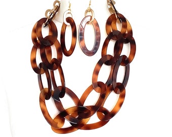 Chunky Tortoise Shell and Gold Chunky Oval Link Statement Necklace and Earrings Set