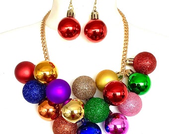 Fun Rainbow Christmas Bauble Statement Necklace and Earrings Gift Set