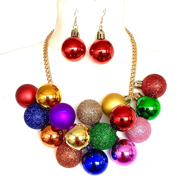 Fun Rainbow Christmas Bauble Statement Necklace and Earrings Gift Set