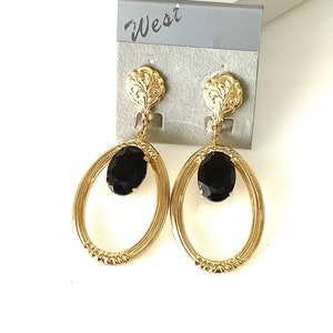 CLIP ON Vintage 80’s Gold and Black Oval Drop Statement Earrings