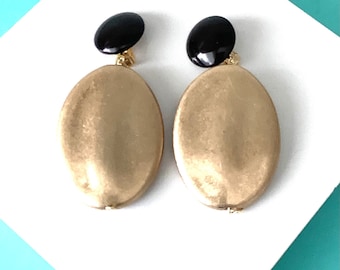 CLIP ON Gold and Black Over-Sized Handmade Statement Earrings