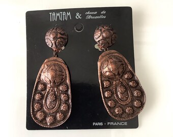 Boucles D'oreilles Clips Oversize Vintage – Style Tam Tam Années 1990 – Bronze – Occasion
