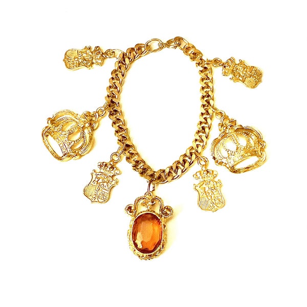 Vintage 80’s Chunky Amber Coloured Jewel and Crown Charm Bracelet