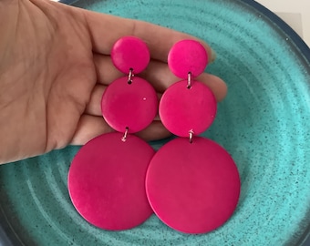 CLIP ON Pink Wooden Triple Disc Drop Earrings