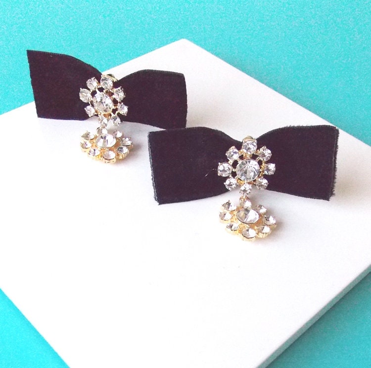 Cute velvet black bow earrings with gem hoop clip-on available