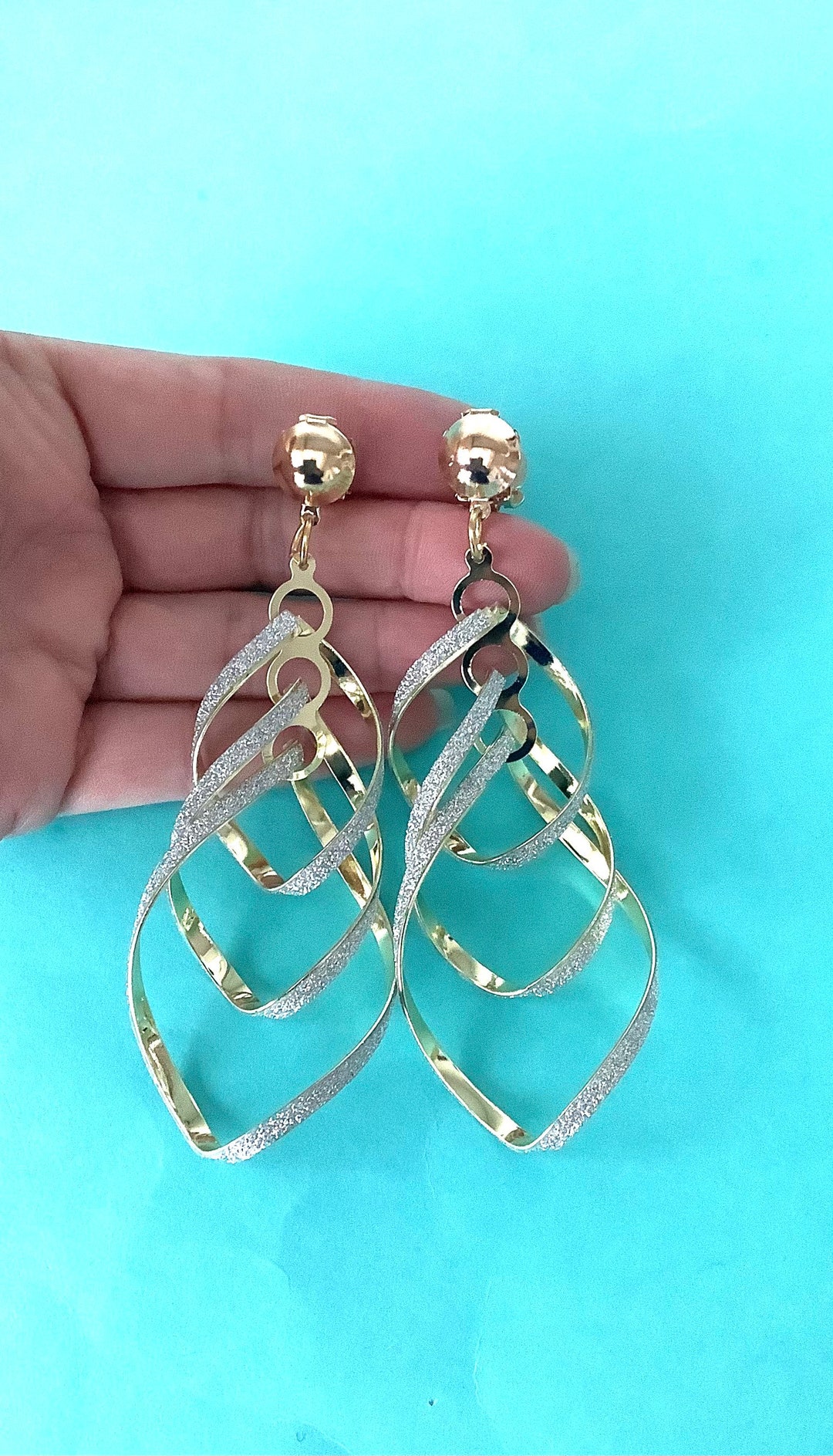 CLIP ON Gold and Silver Glitter Layered Statement Earrings Etsy UK