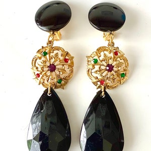 CLIP ON Black and Gold Jewel Teardrop Earrings