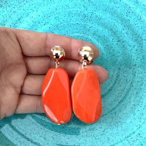 CLIP ON Bright Orange Acrylic Bead Drop Earrings