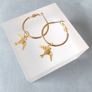 Gold Swallow Charm Hoop Earrings