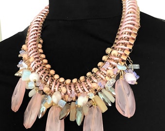 Baby Pink Bead and Chain Statement Necklace