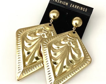 Boucles D'oreilles Vintage Années 80 Métal Doré Avec Chaînes - Bois Et Métal