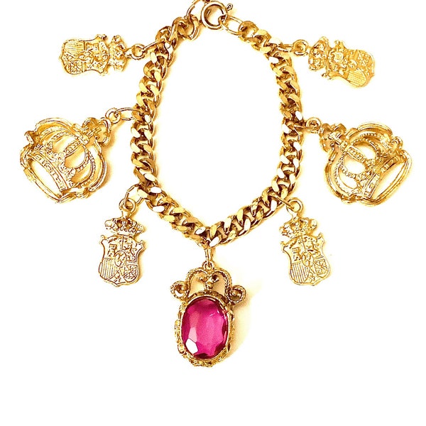 Vintage 80’s Purple Jewel and Crown Charm Chunky Gold Charm Bracelet