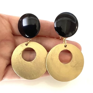 Black and Gold Wooden Hand Painted Clip On Earrings
