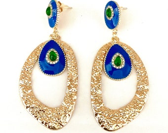 Gold and Blue Drop Style Handmade Statement Earrings