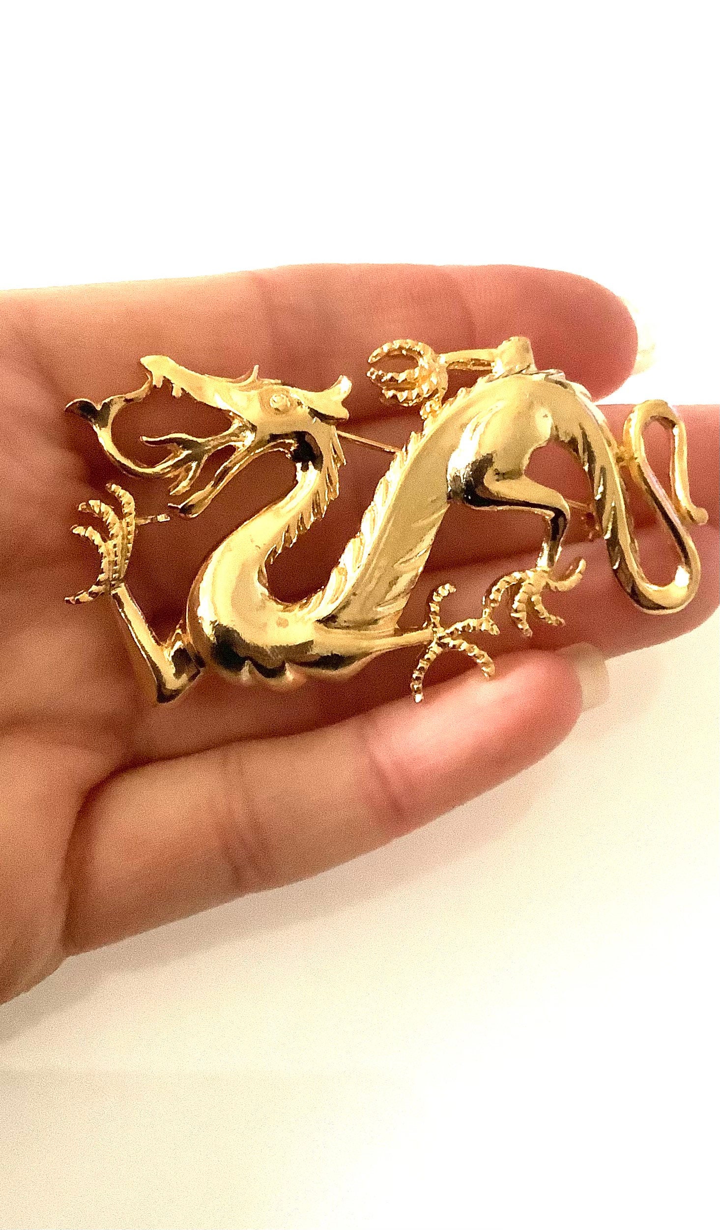 Vintage 80's Shiny Gold Dragon Brooch - Etsy Denmark