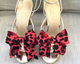 Red Leopard Print Bow Shoe Clips