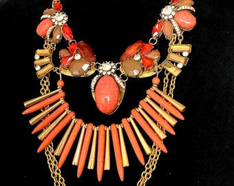 Orange Jewelled Bug and Chain Statement Necklace