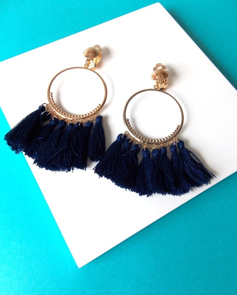 Clip-On Navy Blue Tassel Hoop Drop Boho Handmade Earrings