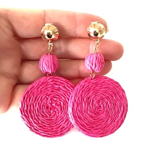 CLIP ON Pink Rattan Boho Style Drop Statement Earrings
