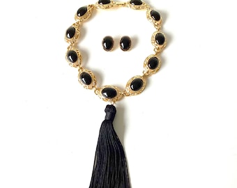 Vintage Black and Gold Choker Tassel Necklace and Clip On Earrings Set