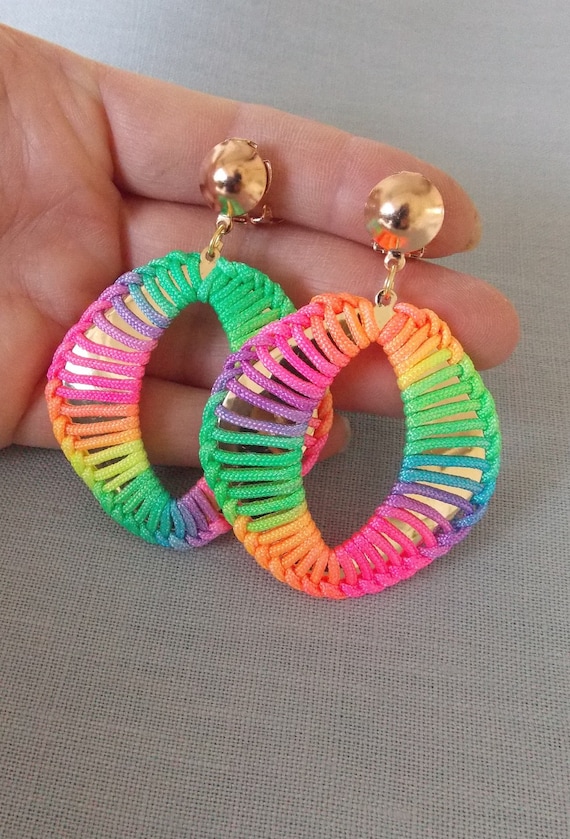 Clip on Rainbow Neon Thread Drop Statement Earrings Etsy