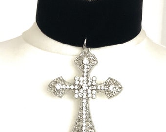 Big Silver Crystal Cross and and Black Velvet Choker