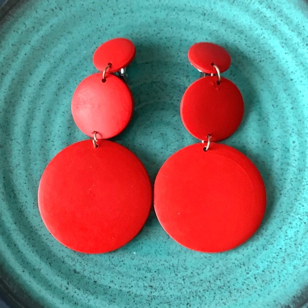 CLIP ON Red Wooden Triple Disc Earrings