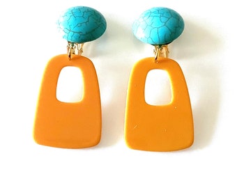 CLIP ON Mustard and Turquoise Acrylic Drop Earrings