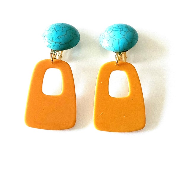 CLIP ON Mustard and Turquoise Acrylic Drop Earrings