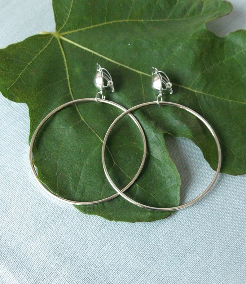 CLIP ON Silver Handmade Large Hoop Earrings