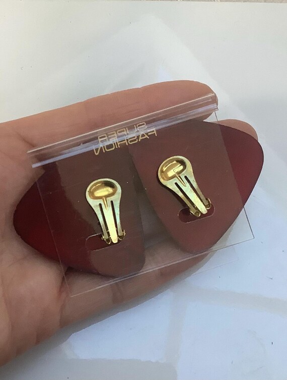 Boucles D'oreille Vintage Clips - Plastique Bordeaux Et Blanc - Hauteur 5,8 Cm - Jamais Portées