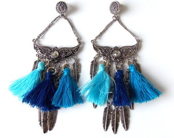 Silver Feather and Blue Tassel Boho Festival Drop Earrings