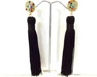 Multi-Coloured Jewel and Black Tassel Statement Earrings