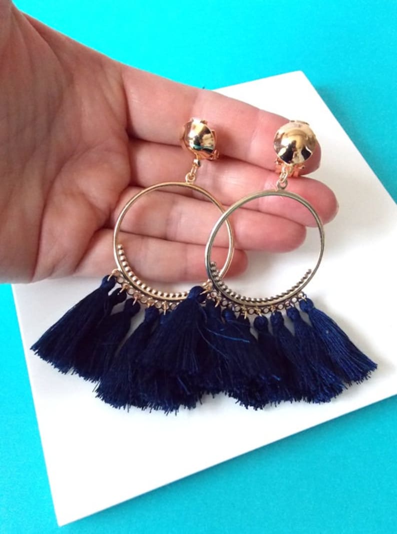 Clip-On Navy Blue Tassel Hoop Drop Boho Handmade Earrings