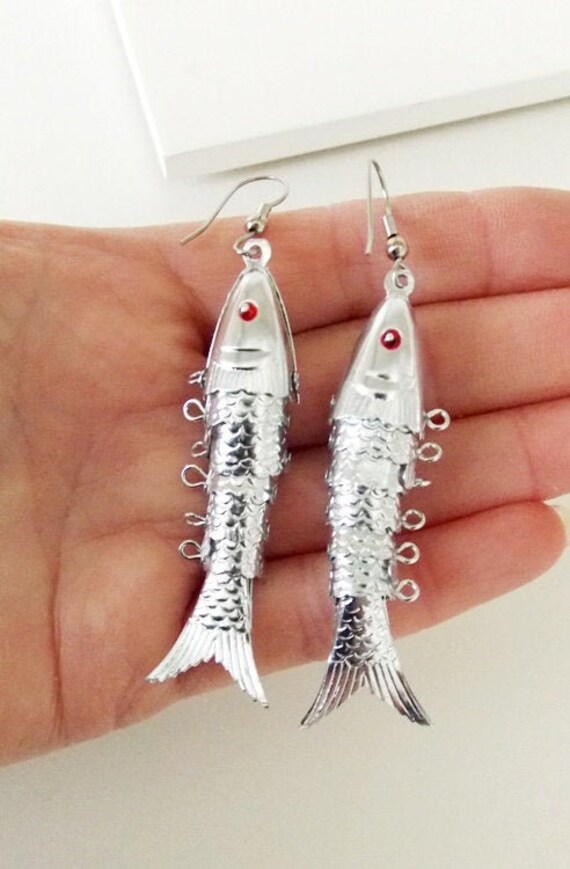 Vintage 80's Silver Tone Articulated Fish Earrings - Etsy