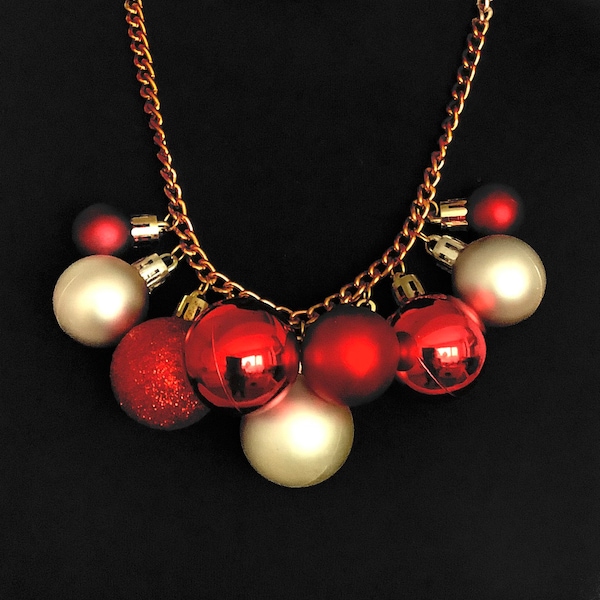 Big Red and Gold Christmas Bauble Handmade Statement Necklace