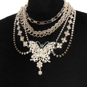 Silver Crystal Butterfly Layered Chain Statement Necklace