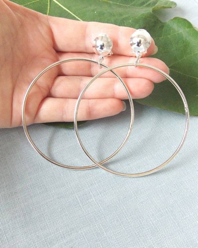 CLIP ON Silver Handmade Large Hoop Earrings