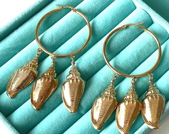 Gold Shell Vintage Shell Charm Hoop Earrings